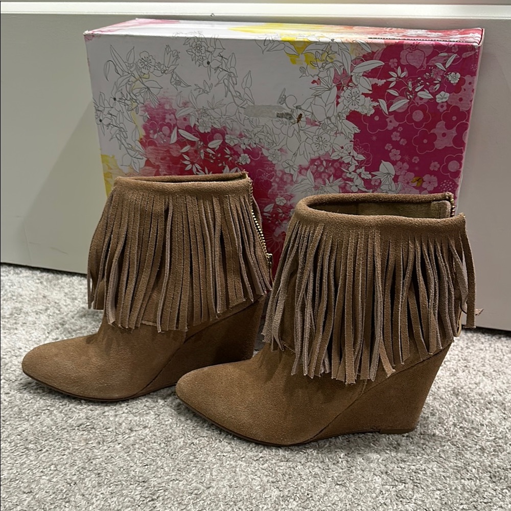 Chinese Laundry Fringe Tan Wedge Ankle Boots